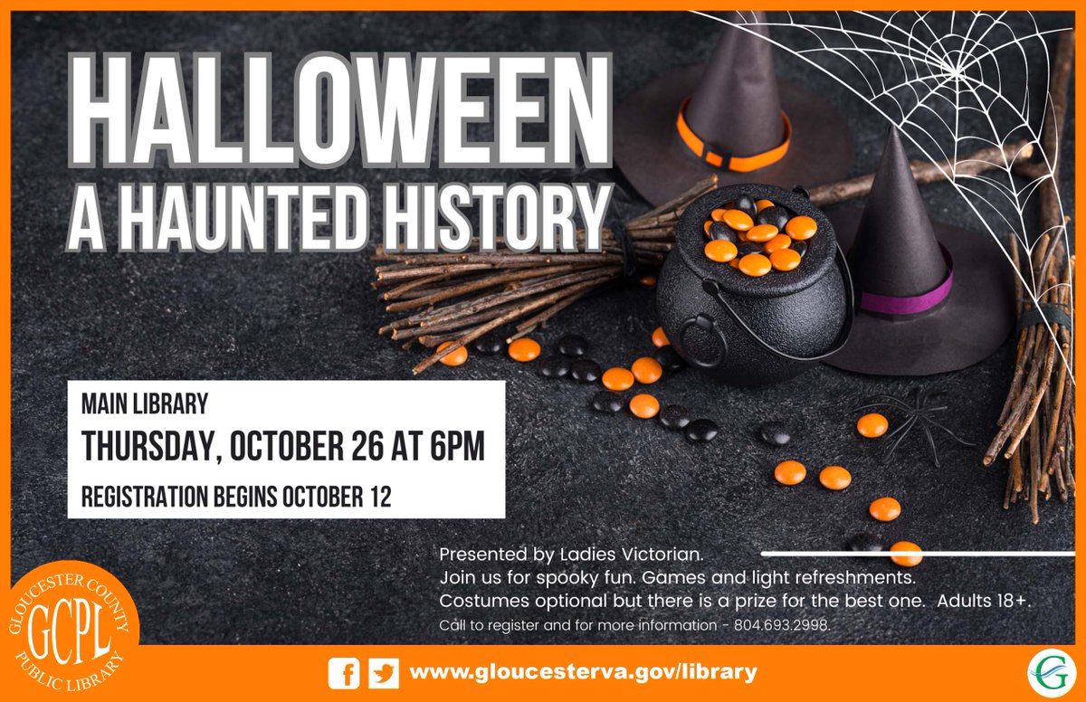 GloCoLibrary's tweet photo. Halloween
A Haunted History
Main Library
Thursday, October 26 at 6pm 
Registration begins October 12
Presented by Ladies Victorian.
Join us for spooky fun. Games and light refreshments. 
Costumes optional but there is a prize for the best one.  Adults 18+.
804.693.2998 https://t.co/AvsiGqbbTl