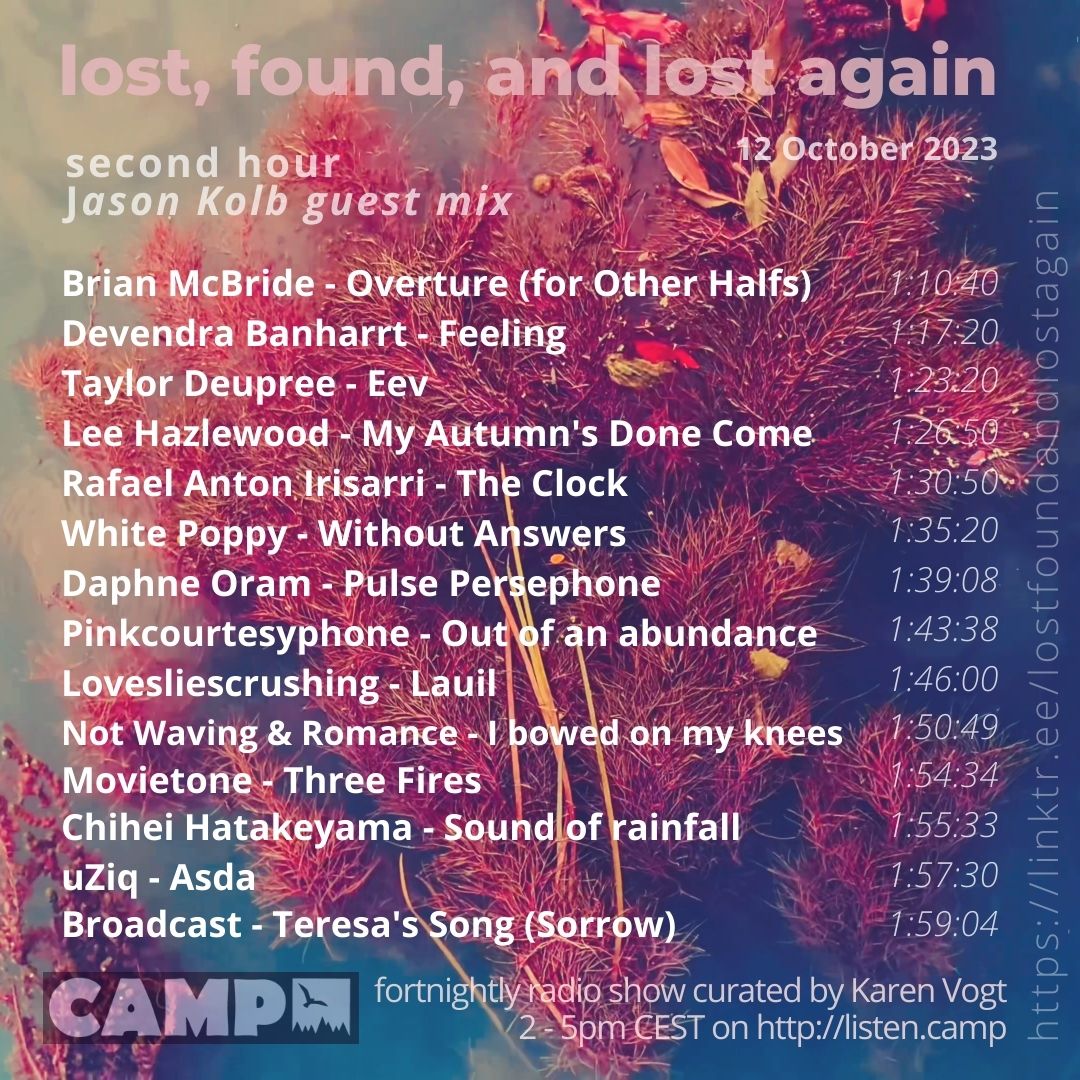 karenvogtmusic's tweet photo. Lost, Found, and Lost Again” is tmw (Thurs) on
@listen_camp 1pm UK/2pm CEST FR
Second hour features an Autumn themed guest mix from Jason Kolb (Auburn Lull / Billow Observatoy )
Listen: https://t.co/N4X7ew3I0o #autumnvibes #drone #slowcore #autumnmix #psyche #altcountry #noise https://t.co/0UzexKbJjk