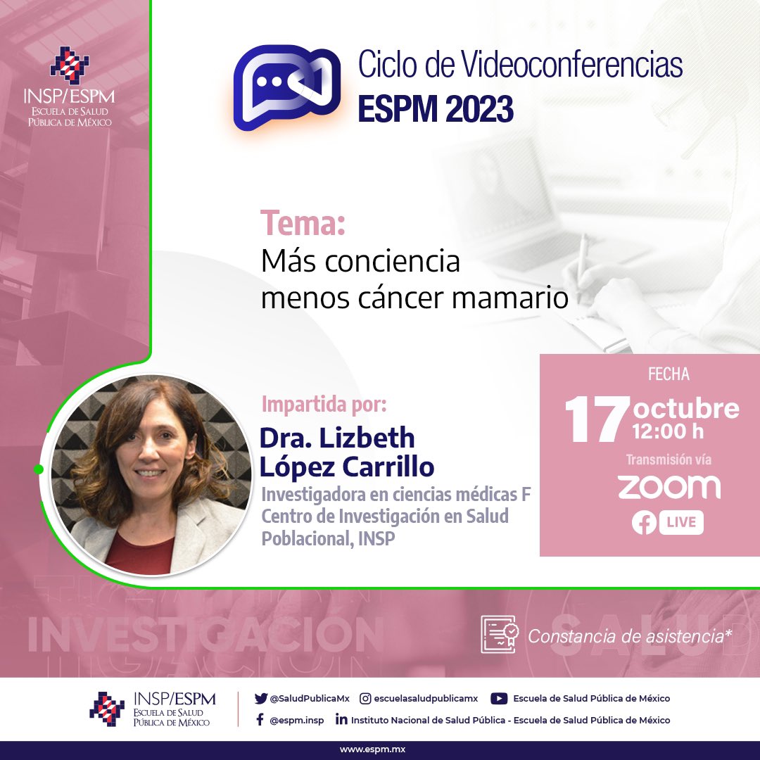 SaludPublicaMx's tweet photo. ¡Agenda la próxima #VCI23! ➡️ "Más conciencia menos cáncer mamario" 💕 con la Dra. Lizbeth López Carrillo
📅 17 de oct · 12:00 h
💻 En vivo vía Facebook Live y zoom
🚫 Sin registro previo
#SaludPública #ComunidadESPM #INSP #SomosESPM #ESPM https://t.co/nZLnGBZKVW