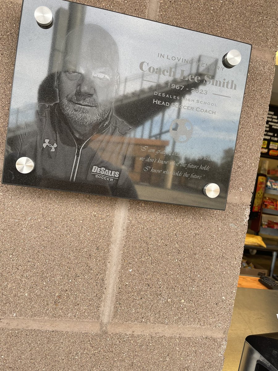 cmattingly97's tweet photo. in memory of Lee Smith plaque on the wall of the concession stand at DeSales. 

Colts Soccer honoring Lee tonight as they seek their first ever 6th region title https://t.co/rg7GVS1uYD