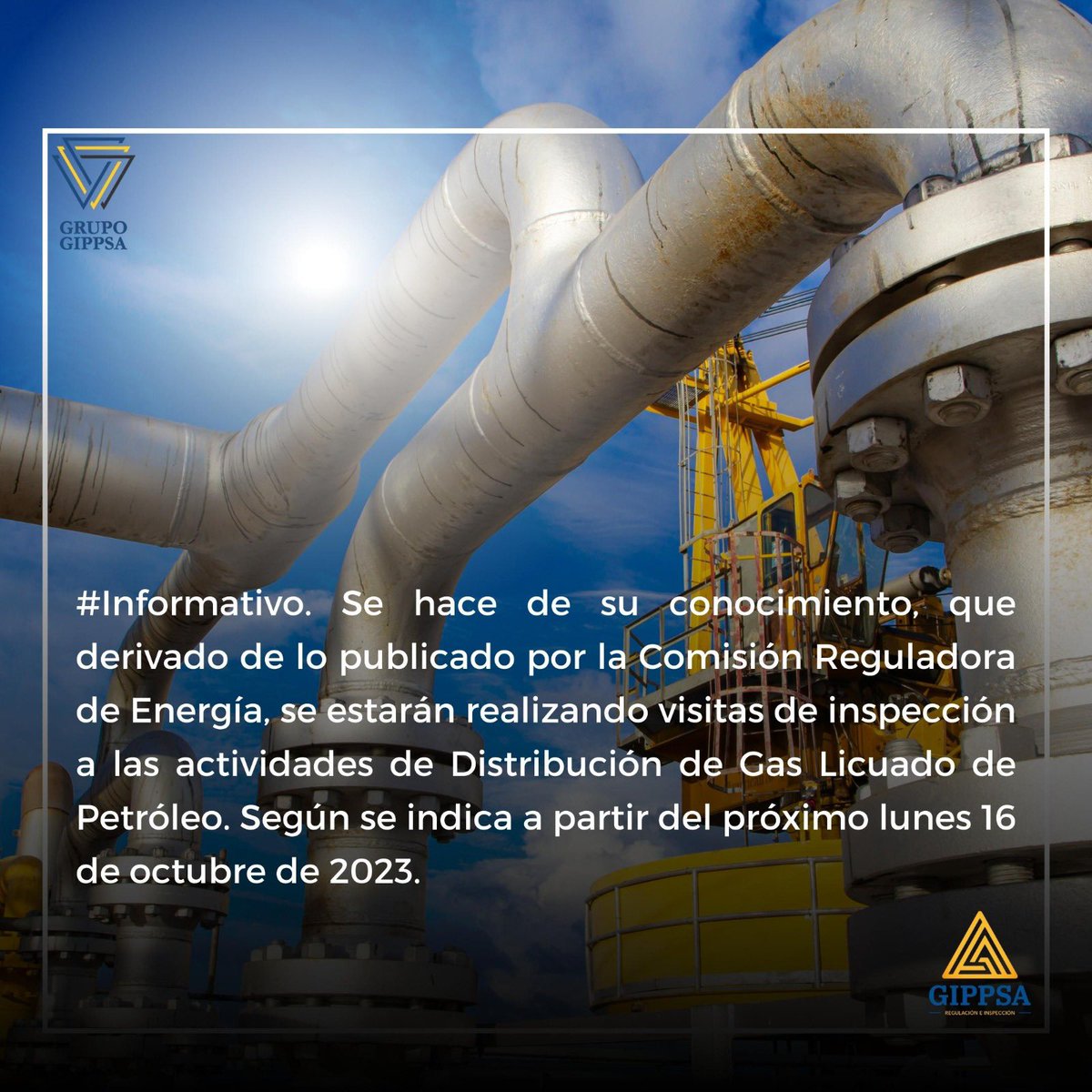 giprossa's tweet photo. Nota Informativa emitida por La Comisión Reguladora de Energía la cual se llevara a cabo el próximo lunes 16 de octubre del año en curso, les recomendamos contar con personal capacitado ante inspecciones 👷🏻‍♂️👍🏼 .
•
Conoce nuestros servicios 👍🏼👷🏼
#regulacion #gas https://t.co/Dasn5cvdSx