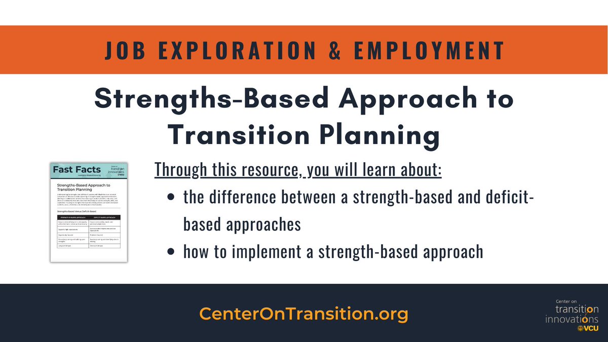 VCU_CTI's tweet photo. A growing body of research has supported the importance of strength-based approaches to learning and skills development. This week’s resource on #JobExploration and #Employment is a Fast Fact on:
Strength-Based Approach to Transition Planning
https://t.co/D4aNRhVTsi https://t.co/8F6SnnHYCF