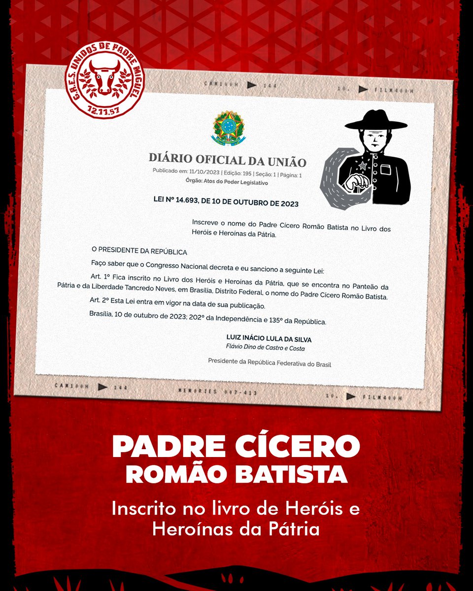 GRESUPM's tweet photo. Hoje (11), o Presidente Lula assinou a Lei 14.693, colocando Padre Cícero Romão no livro dos heróis e heroínas da Pátria. A inclusão no panteão da Pátria   reconhece o impacto positivo que Padim teve na vida dos nordestinos. 
O Santo do povo se tornou Herói da Pátria!  Viva Ciço https://t.co/kfWk9Pp0lm