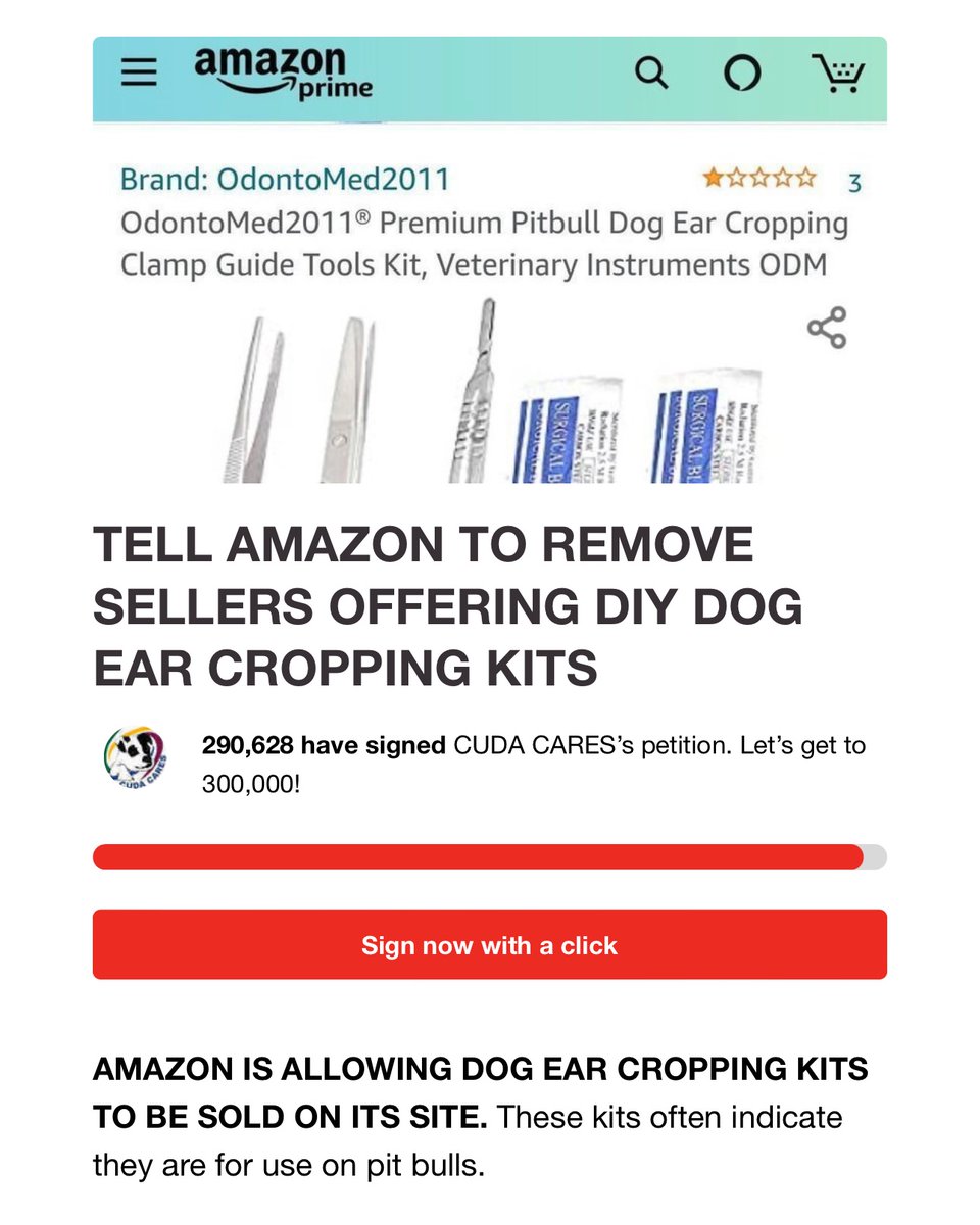 TELL AMAZON TO REMOVE ALL  SELLERS OFFERING DIY DOG EAR CROPPING KITS

Take 30 seconds to sign this petition. 
This practice is inhumane, causing excruciating pain, infections, and even death. 

chng.it/RTtYdr8k via <a href="/Change/">Change.org</a>