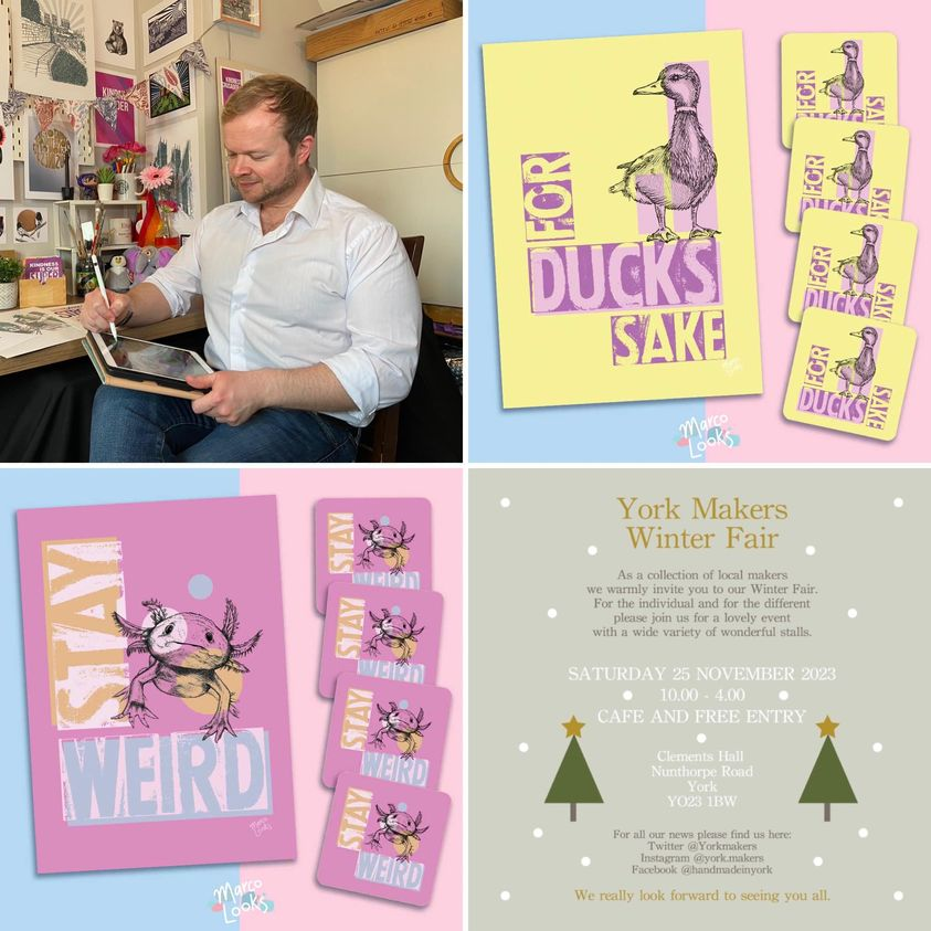 Next up is <a href="/MarcoLooks/">MarcoL👀ks</a>. Former Cbeebies animator, Marc is an illustrator creating art prints of cute characters, powerful words and scenes of York. As well as hand printed gifts, made from his studio in York.
#yorkmakers #yorkmakerswinterfair #shoplocalyork #handmadeinyork