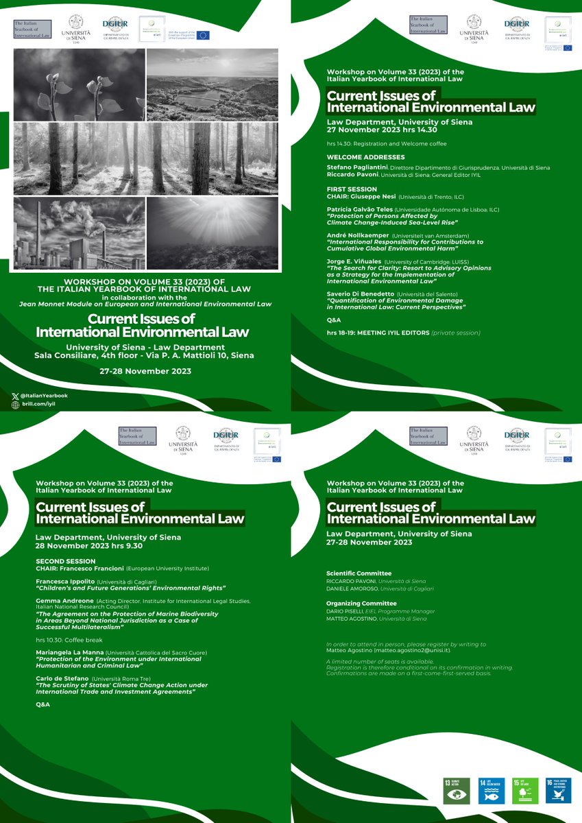 ItalianYearbook's tweet photo. 🔔On 27 and 28 November join us for the workshop on Vol. 33 of the Italian Yearbook of International Law, at the Law Department of the University of Siena. Limited places available. Register now! @unisiena @dgiurunisi #environment #climatechange https://t.co/UgagxTGyst