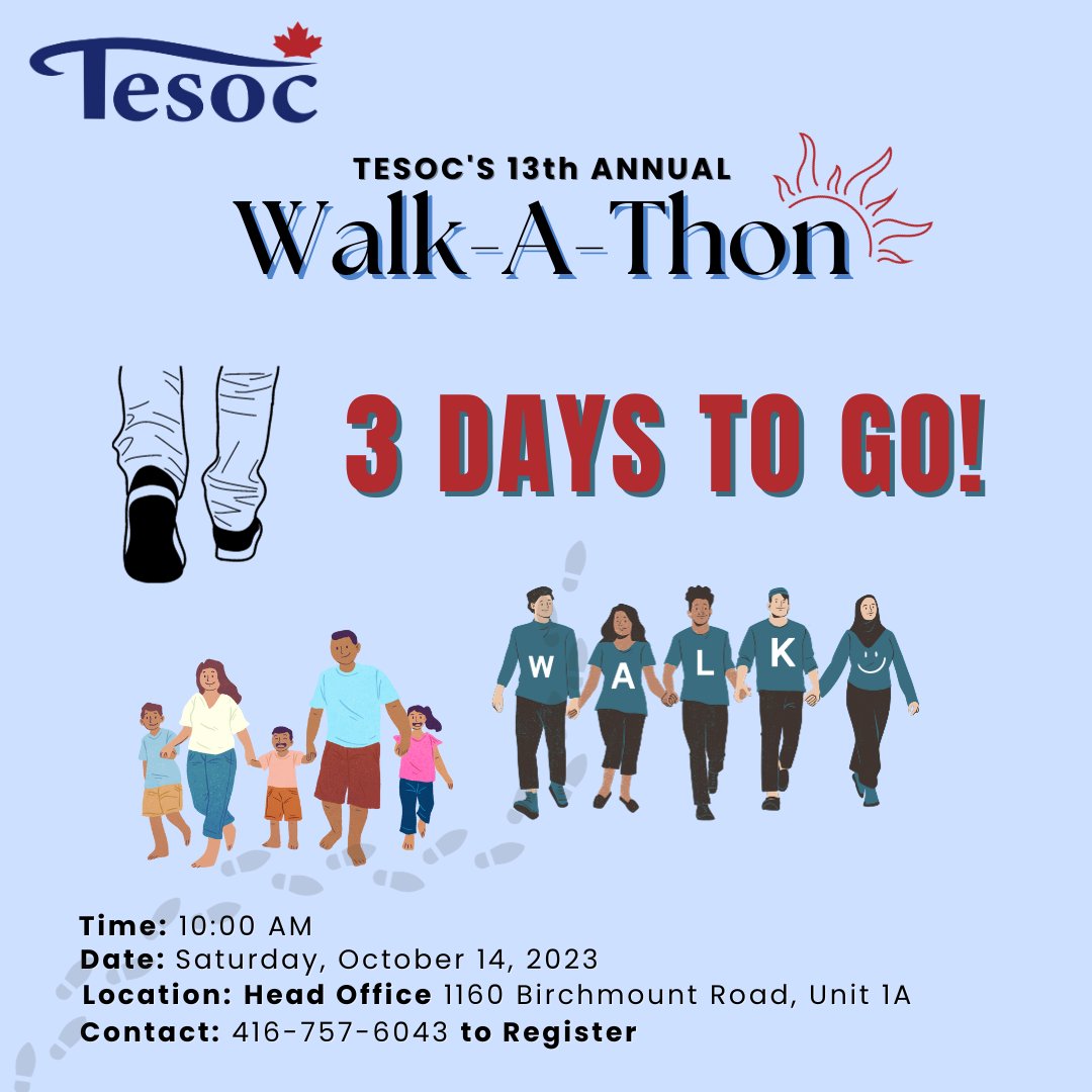 tesocms's tweet photo. Step Forward to support Community Wellness at TESOC's 13th Annual Walk-A-Thon!

Join us on Sat, Oct 14th, 2023 @ 10 AM for a day of celebration and wellness. Just 3 days left to go! 

Call 416-757-6043 to REGISTER. Space is limited. 

#CommunityWellness #Walkathon #Fundraiser2023 https://t.co/osOnEm1pxB