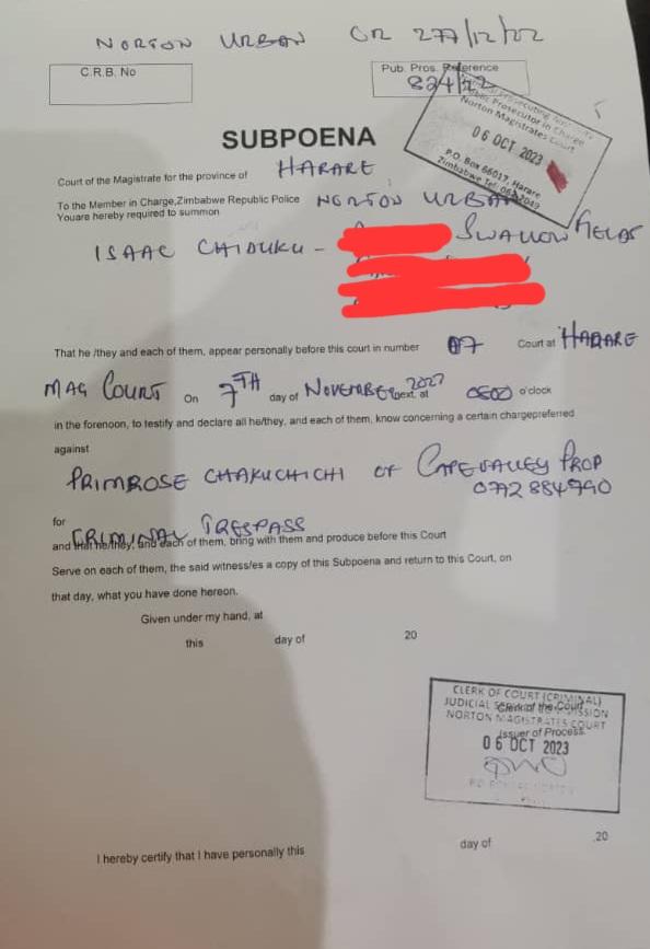 SwallowfieldEst's tweet photo. 📢 Subpoena Notice: Capevalley Properties P/L is facing charges of Criminal Trespassing. Primrose Chakuchichi will appear at Magistrates Court on Nov. 7th, 2023 at 8am. Despite their appeals being dismissed, legal directives were ignored. Stay tuned for updates. #Swallowfield https://t.co/Lkg8xDYdZq