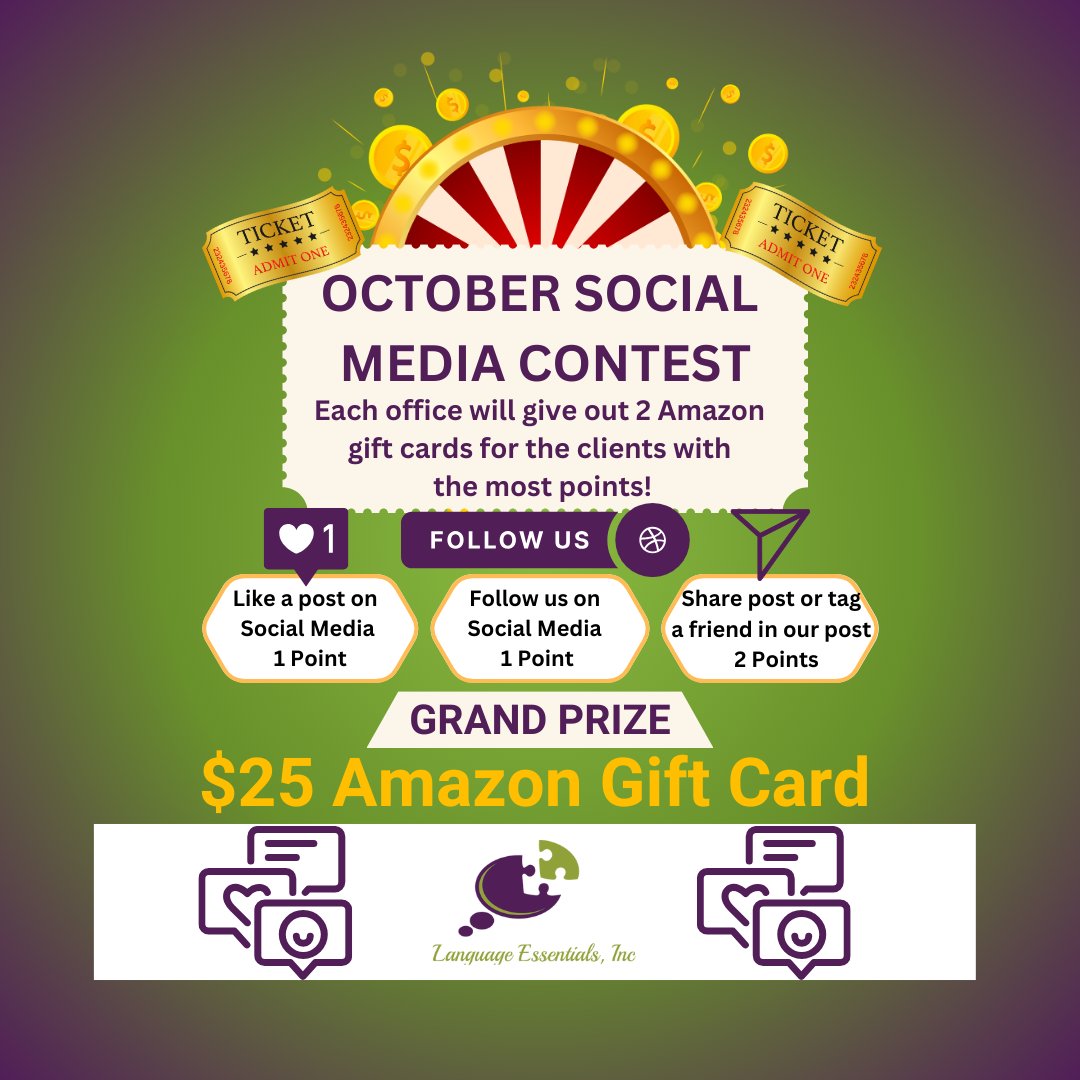 Speech_LE's tweet image. Please join us in our October Social Media Contest! The top 6 clients with the most points will win a $25 Amazon gift card! #languageessentials #LE #socialmedia #SLP #OT