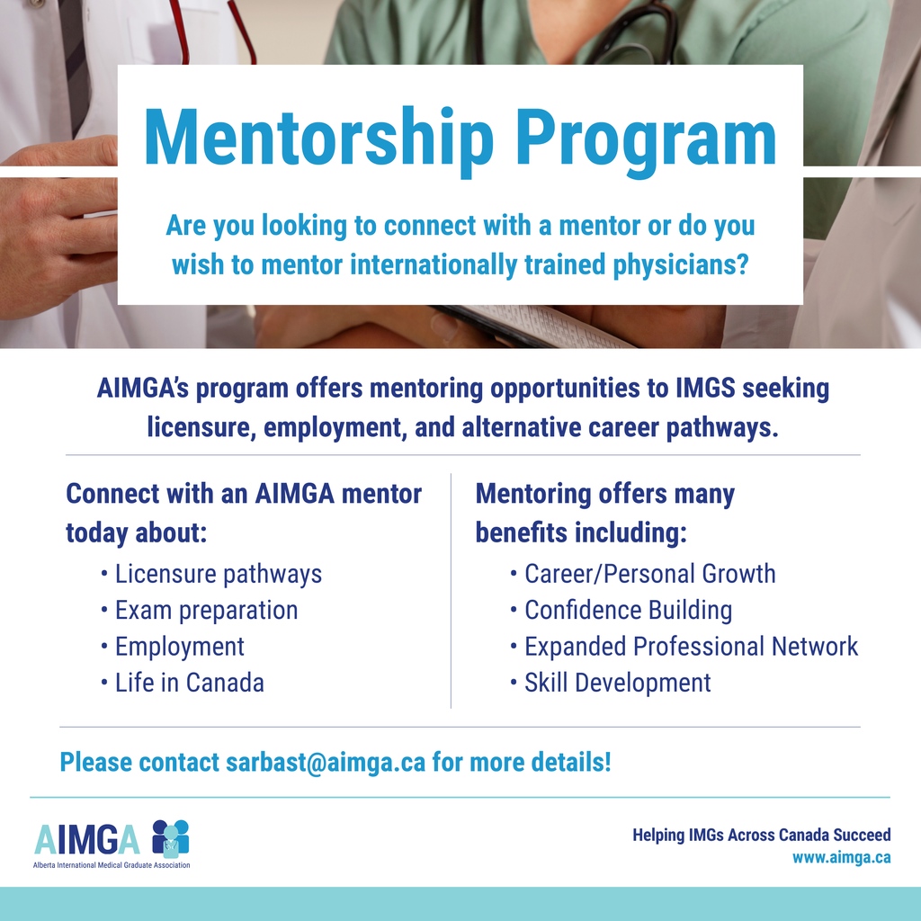 Join AIMGA's Mentorship Program Today! Connect with experienced mentors, gain valuable insights, and take the next step toward your goals. Join us on this incredible journey!

#img #aimga #albertainternationalmedicalgraduateassociation #programs #mentorship #licensure #physician