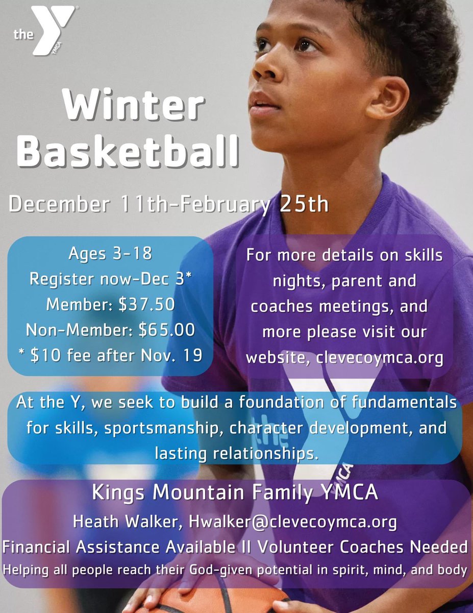 Register now for youth basketball! 🏀🏀🏀🏀Financial assistance is available. #YMCA 
Volunteer Coaches are needed. #GiveBack 
<a href="/kmwbball/">KM Women’s Basketball</a> <a href="/AthleticsKmms/">KMMS Athletics</a> <a href="/KMHS_Athletics/">Kings Mountain High School Athletics</a> <a href="/KMMS_Patriots/">KMMS Patriot</a> <a href="/kmsportsnetwork/">KMHS Sports Network</a>