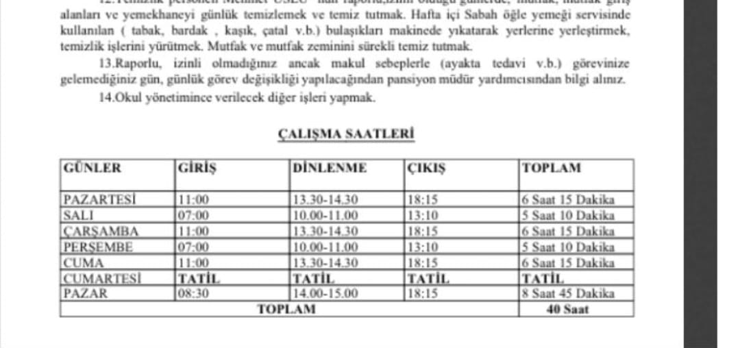 <a href="/tayyip_dalgin/">Tayyip DALGIN</a> <a href="/Yusuf__Tekin/">Yusuf Tekin</a> <a href="/tcmeb/">Millî Eğitim Bakanlığı</a> <a href="/drfahrettinkoca/">Dr. Fahrettin Koca</a> <a href="/saglikbakanligi/">T.C. Sağlık Bakanlığı</a> <a href="/mebpgm/">Personel Genel Müdürlüğü</a> Sayın Bakanım <a href="/Yusuf__Tekin/">Yusuf Tekin</a> M.E.B'da çalışan aşçılara okul müdürleri tarafından dayatılan çalışma saatlerin'den haberiniz varmı? sayın bakanım <a href="/drfahrettinkoca/">Dr. Fahrettin Koca</a> bir memur kesintisiz 6 gün çalışması mevzuat ve sağlık yönünden uygunmudur?
<a href="/isikhanvedat/">Prof. Dr. Vedat Işıkhan</a> #mebascılar #meb