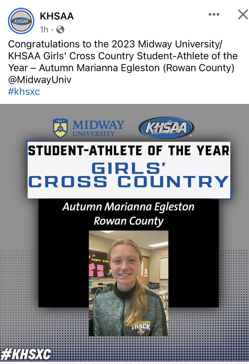 RowanCoXC's tweet photo. CONGRATULATIONS AUTUMN EGLESTON on being named KHSAA ATHLETE of the YEAR for CROSS COUNTRY https://t.co/A1o87YupuY