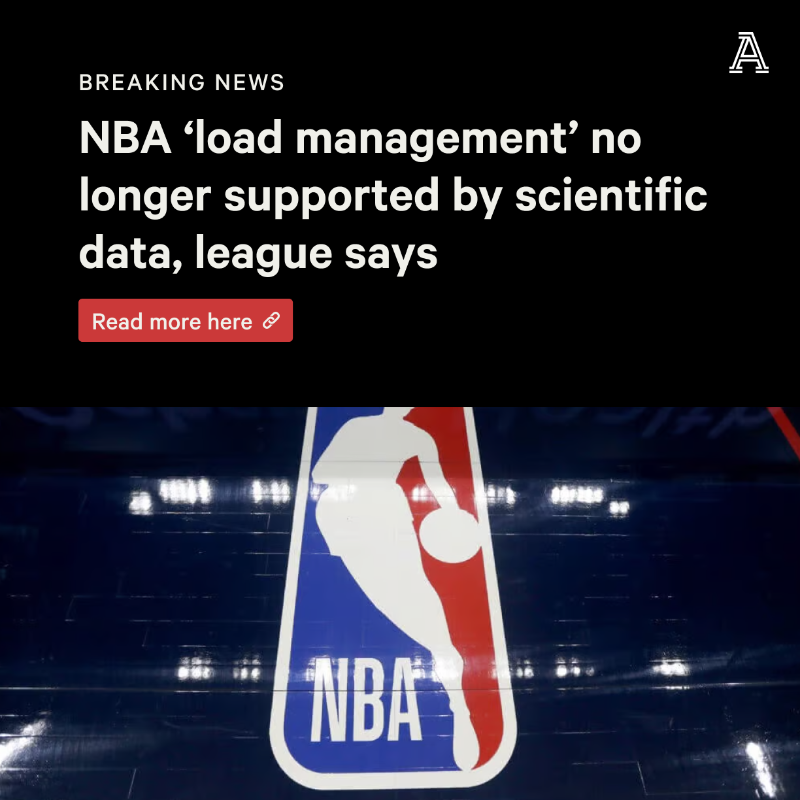 TheAthletic's tweet photo. In a stunning development, a top NBA official said teams’ practice of resting players to prevent future injury and extend careers – commonly known as “load management” – is no longer supported by scientific data held by the league.

@joevardon and @sam_amick have more ⤵️