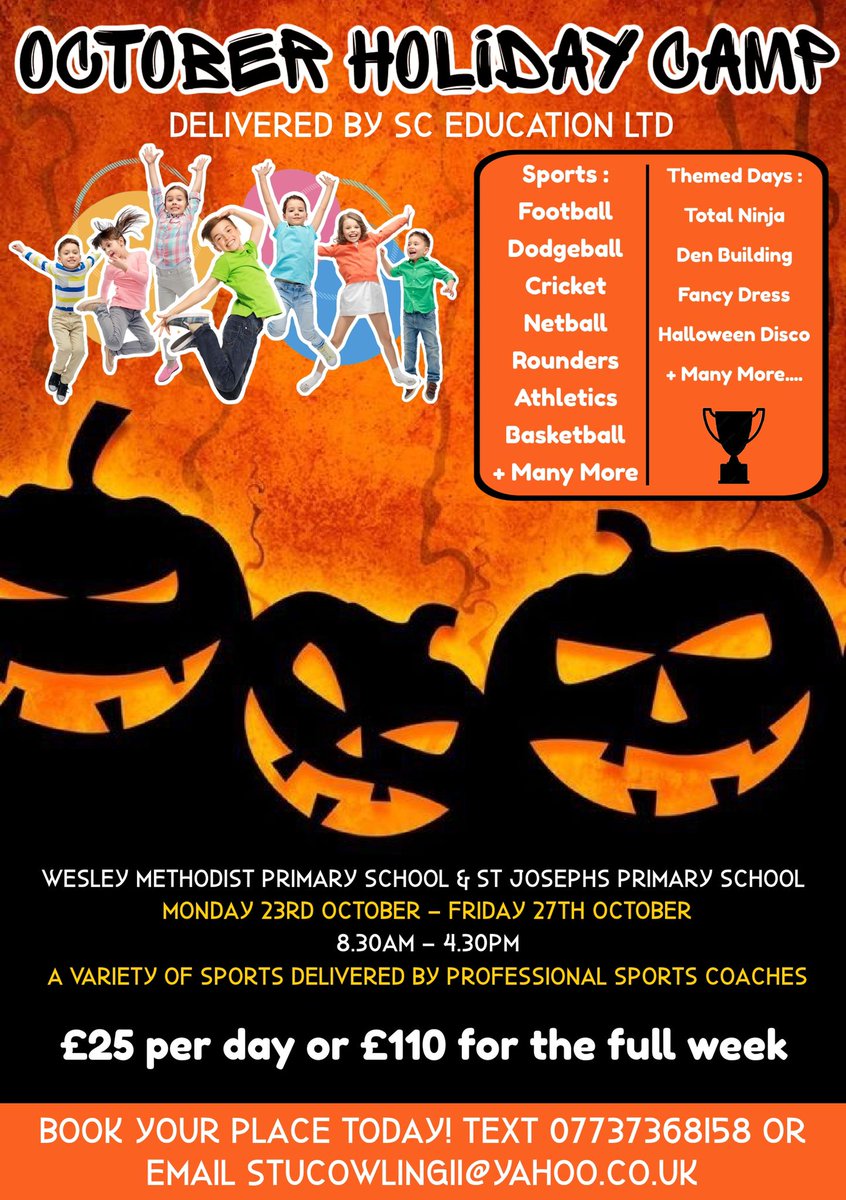 SC Education Ltd (@sceducationltd) on Twitter photo 1 more week to book on to our Half Term Halloween Holiday Clubs! 🎃 <a href="/Wesley_Primary/">@Wesley_Primary</a> <a href="/stjosephrcp/">St. Joseph’s RC Primary School</a> 1 more week to book on to our Half Term Halloween Holiday Clubs! 🎃 <a href="/Wesley_Primary/">@Wesley_Primary</a> <a href="/stjosephrcp/">St. Joseph’s RC Primary School</a>