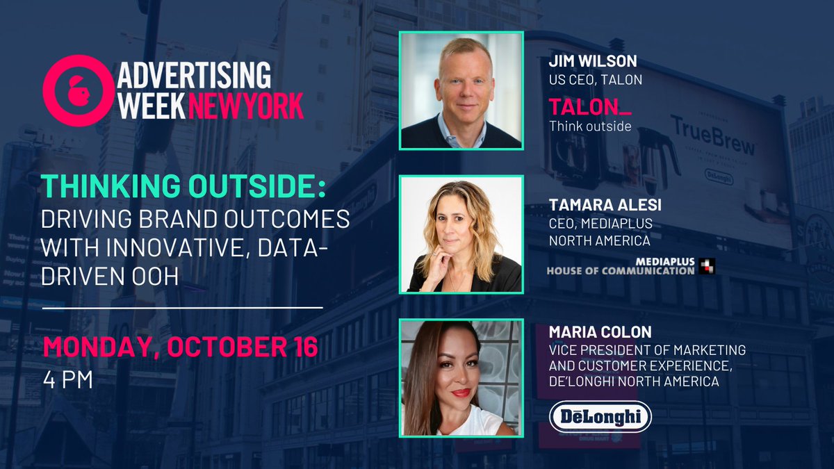 Talon America (@talonoohna) on Twitter photo Attending <a href="/advertisingweek/">Advertising Week</a> New York? Join our US CEO, Jim Wilson, Mediaplus Group CEO, Tamara Alesi, and De'Longhi VP of Marketing and Customer Experience, Maria Colón, on 10/16 at 4 pm to learn how #OOH as a transformed media drives brand and business outcomes.
#ThinkOutside Attending <a href="/advertisingweek/">Advertising Week</a> New York? Join our US CEO, Jim Wilson, Mediaplus Group CEO, Tamara Alesi, and De'Longhi VP of Marketing and Customer Experience, Maria Colón, on 10/16 at 4 pm to learn how #OOH as a transformed media drives brand and business outcomes.
#ThinkOutside