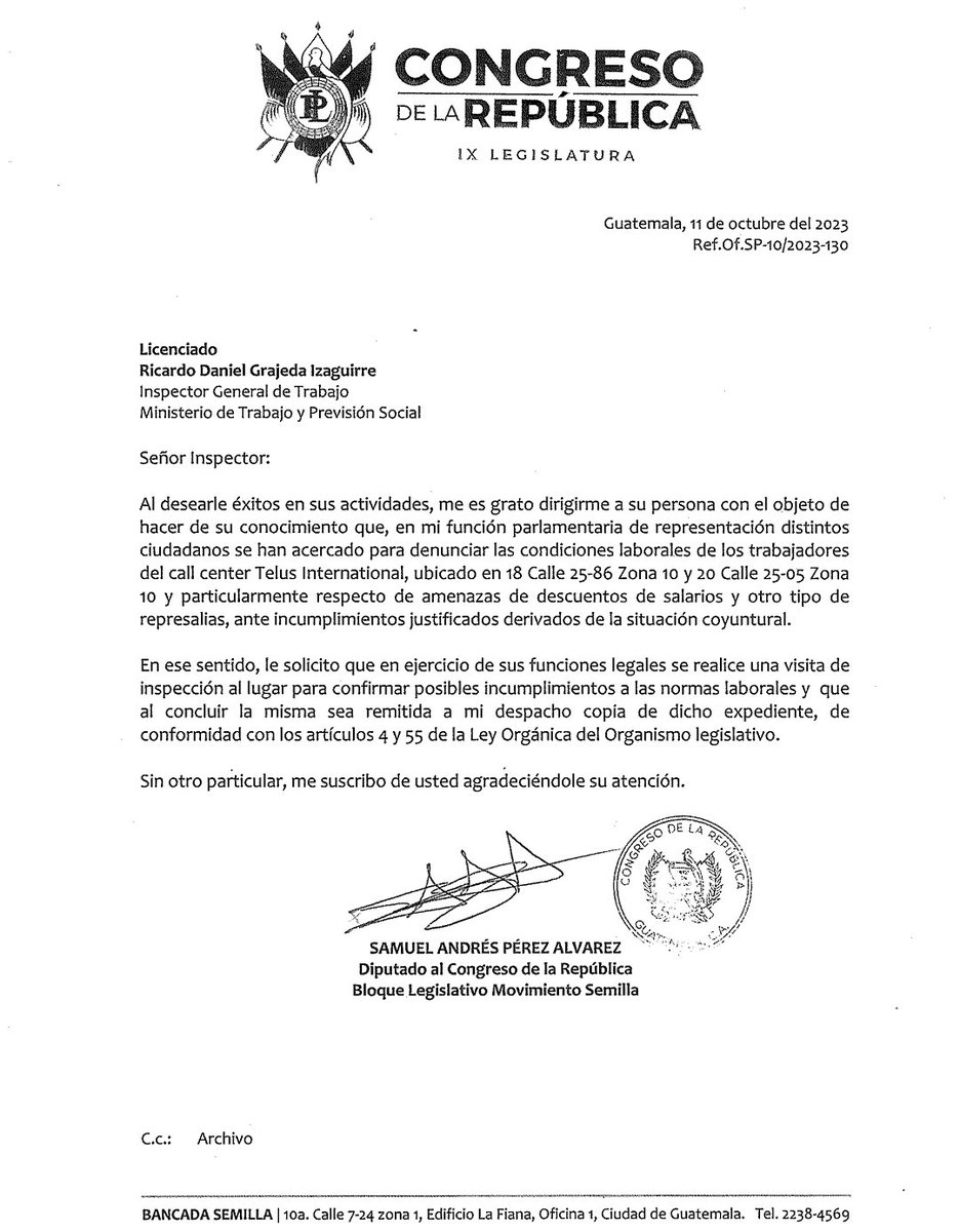 samuel_pz's tweet image. Solicité al MINTRAB para que se realice una inspección en TELUS, por las denuncias recibidas.