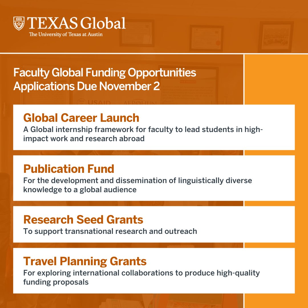 Are you a <a href="/UTAustin/">UT Austin</a> faculty member interested in incorporating international research or scholarship into your work? There are grants available to fund your ideas! Apply soon — many deadlines are coming up November 2! Learn more about your opportunities: utx.global/GlobalFunding.