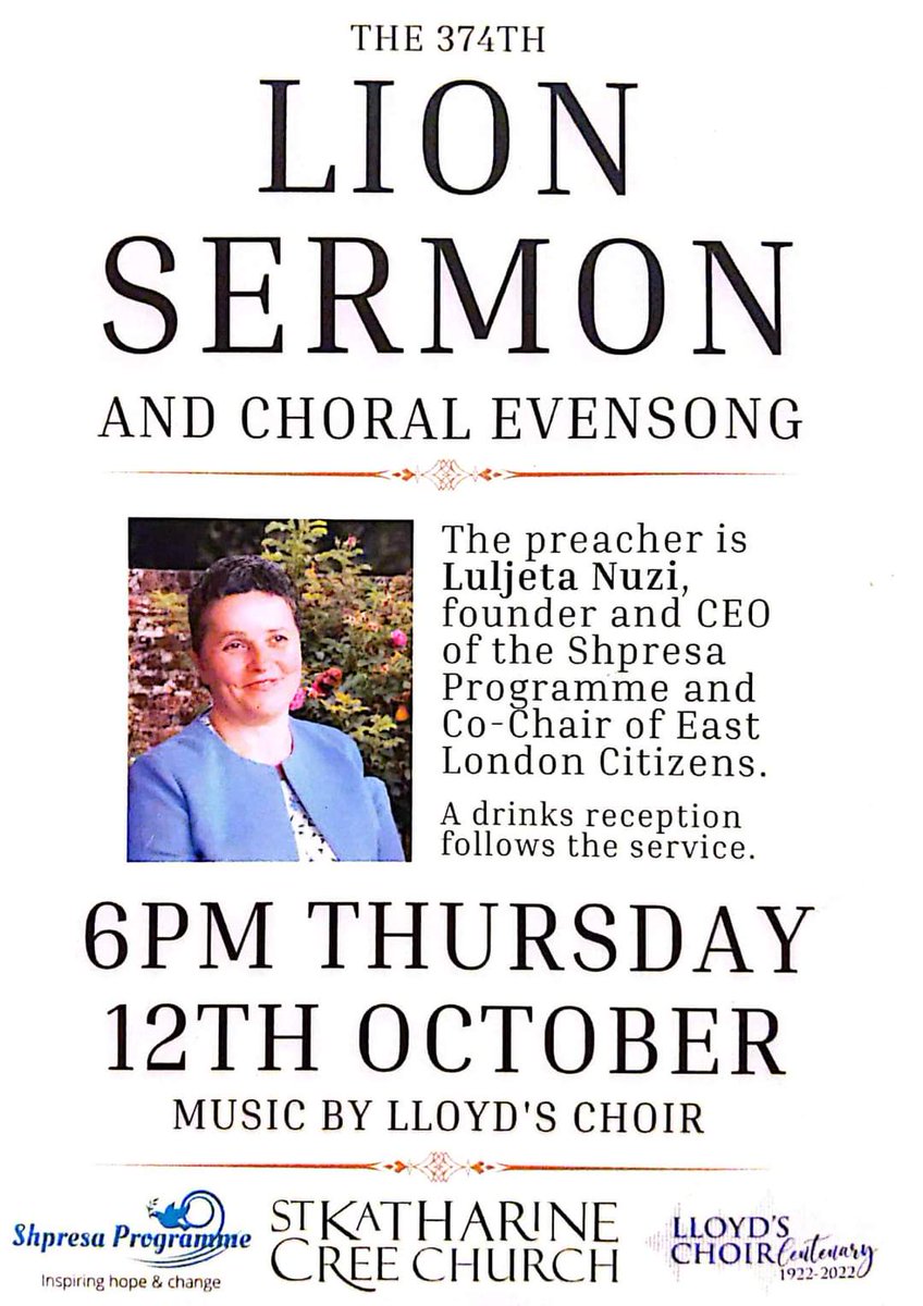 We have the privilege of singing choral evensong for the 374th Lion Sermon at St Katherine Cree, at 6pm Thursday 12th October. Full details in the flyer, come along for wonderful music and to support a good cause.