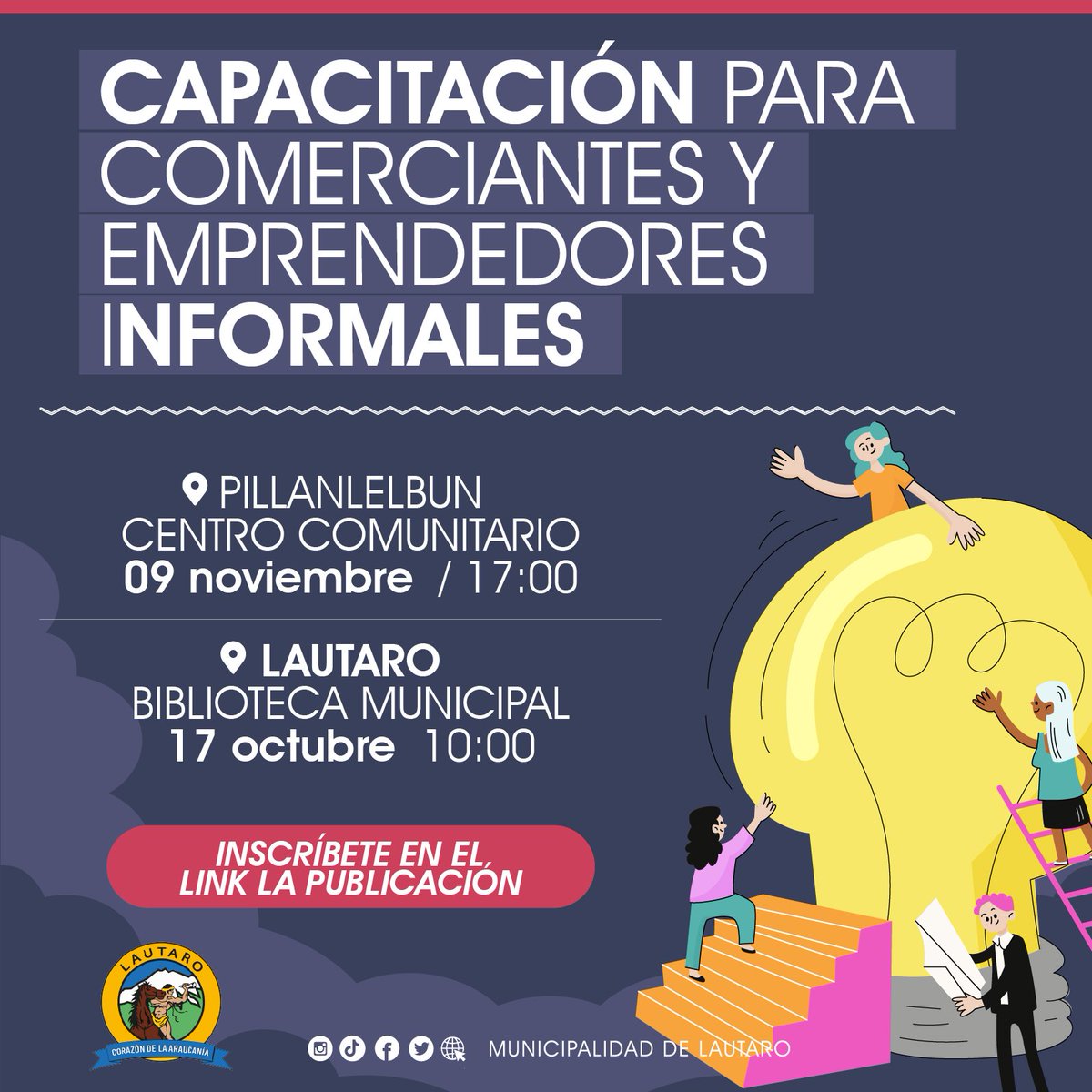 ¡INSCRÍBETE EN LAS CAPACITACIONES PARA COMERCIANTES Y EMPRENDEDORES INFORMALES!

Revisa fechas, horarios y ubicación en la imagen.

Para inscribirte debes ingresar al siguiente enlace: forms.gle/G1MUFXJV8XUDcs…