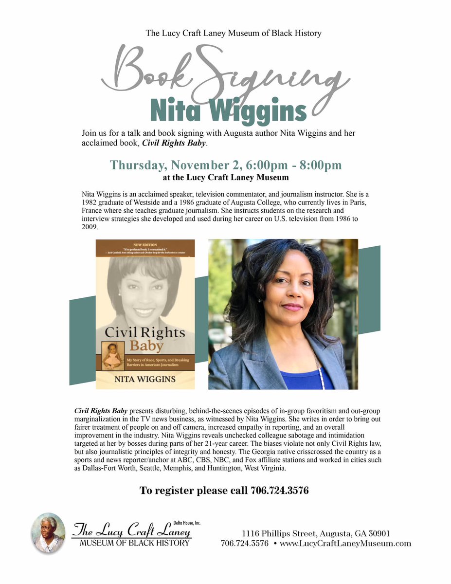 EdResourceCCAPE's tweet photo. You're invited for a special book signing event featuring native Augusta author Nita Wiggins. Ms. Wiggins will be reading from and signing copies of her acclaimed book, Civil Rights Baby.
A 1982 graduate of Westside High School and 1986 graduate of Augusta College, https://t.co/zqqH5gHaDt