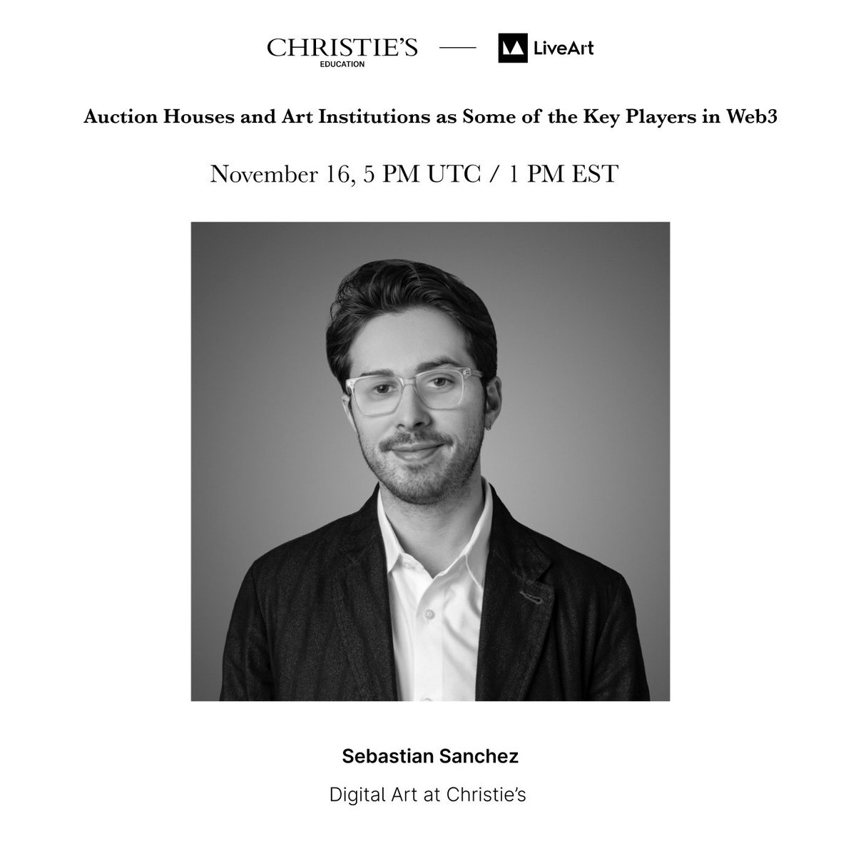 sebastian sanchez (@sebastianss527) on Twitter photo i'm so excited to be speaking at <a href="/ChristiesEdu/">Christie's Education</a> this fall as part of the Web3 Renaissance: Traditional Art Meets the Digital Age course in partnership with <a href="/LiveArtX/">LiveArt</a> <a href="/ChristiesInc/">Christie's</a>
⬇️link⬇️
education.christies.com/courses/contin… i'm so excited to be speaking at <a href="/ChristiesEdu/">Christie's Education</a> this fall as part of the Web3 Renaissance: Traditional Art Meets the Digital Age course in partnership with <a href="/LiveArtX/">LiveArt</a> <a href="/ChristiesInc/">Christie's</a>
⬇️link⬇️
education.christies.com/courses/contin…