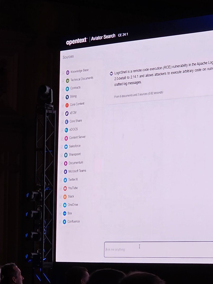 PatrickMoorhead's tweet image. As I&apos;ve said about 100x, generative AI will require an entirely different kind of information and data management. Look at all those data sources you can query and chat across @opentext with Aviator Search. #OpenTextWorld