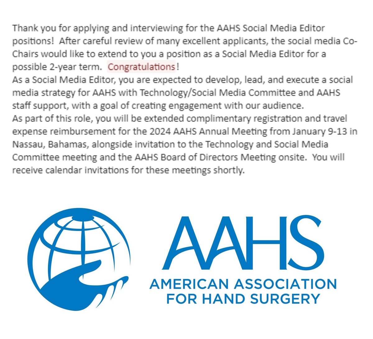 I am thrilled and honored to join the editorial board of @HandSurgeryAssn as their Social Media Editor! In my 2 year term, I will be developing, leading and executing a social media strategy for the association. Stay tuned for all the amazing things we will be doing for the AAHS!