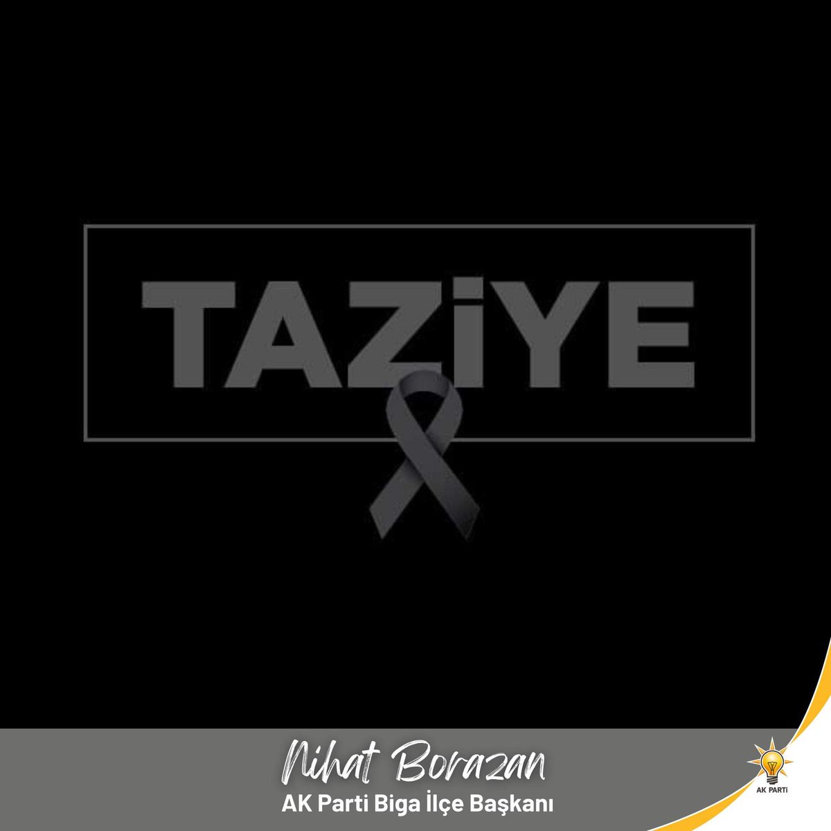 AK Parti Biga İlçe Yönetim Kurulu Üyemiz Hüseyin Keçeci'nin değerli annesinin vefat haberini üzüntüyle öğrenmiş bulunuyoruz.

Merhumeye Allah'tan rahmet kederli ailesine başsağlığı diliyoruz.