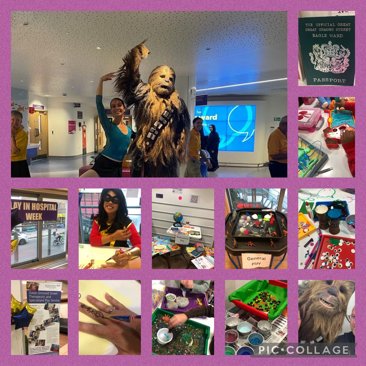 Day 3 of #PIHW ⁦@GreatOrmondSt⁩ 🎉🎉🎉 The team set up many different activities with ice play, quizzes and making drums 🌟 Chewbacca and his pals came thanks to ⁦@ukgarrison⁩ and we had a perfectly timed balloon delivery from ⁦@ColeKhan_Law⁩ 🙏Thank you 💜