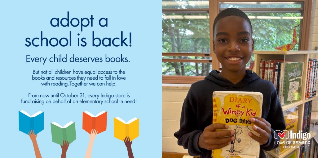 IndigoEatonCtr's tweet photo. Books can change a child's life, and you can help 💫 Donate to the #LoveOfReadingFoundation #AdoptASchool Fundraiser by October 31st to support a school in need with new and diverse books.
This year we’re supporting @JeanLumbPS_TDSB in downtown Toronto!
https://t.co/PcgwtRgYyD https://t.co/gcI2AlSm3f