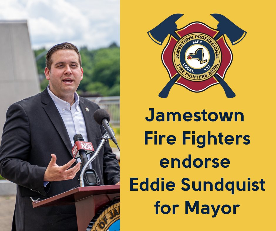 esundquist's tweet photo. I’m proud to be endorsed by Jamestown Fire Fighters, who have put their trust in me the last four years. We have worked together to settle 9 years worth of contracts, modernize our fire department, and expand staffing to make Jamestown safer.

Here’s to four more years, together! https://t.co/vXSF321UAy
