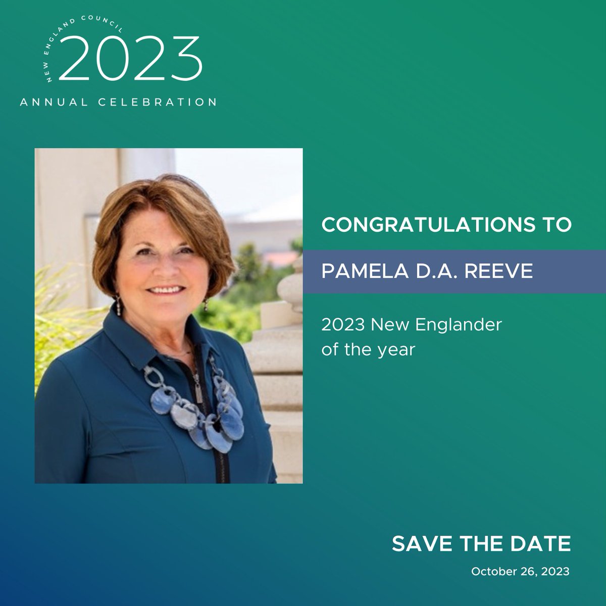 On Oct. 26, we will honor Pam Reeve at our 2023 Annual Celebration. 

Pam is Chair of the Board of @AmericanTowerUS, @Womens_Edge, @CareQuestInst, @MassGenBrigham Community Physicians, & @MassGeneralNews Physicians Organization. She is also the Former Board Chair @DentaQuest.