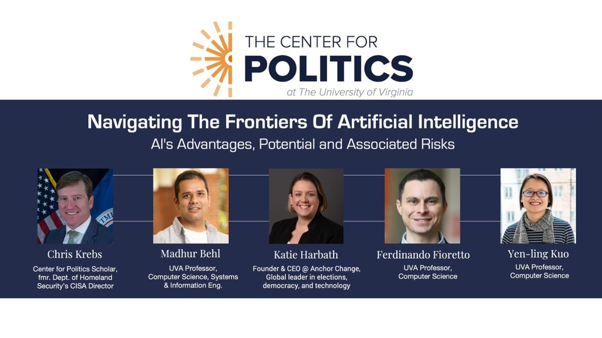 How can we navigate the potential & risks of #ArtificialIntelligence? Join us Thurs., October 12, 6:30 p.m. ET for a discussion w/ Center for Politics Scholar @C_C_Krebs, @katieharbath, and @uva Professors @BehlMadhur, @yenling_kuo, @nandofioretto. Register: