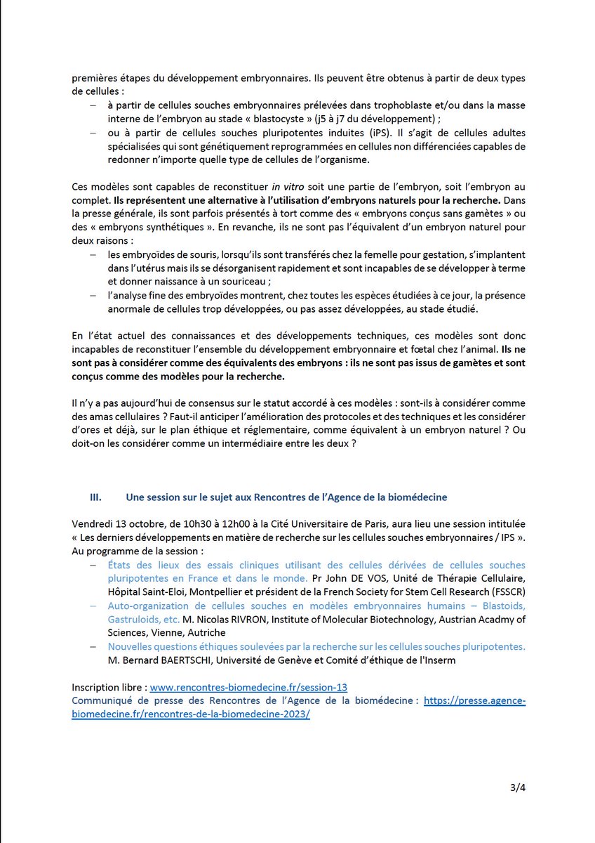 📜 Recherches sur les modèles embryonnaires (embryoïdes) : l’Agence de la biomédecine est la première au monde à définir un cadre éthique pour ces travaux.

Pour découvrir l’avis du Conseil d’orientation de l’agence 👉 agence-biomedecine.fr/IMG/pdf/2023-c…