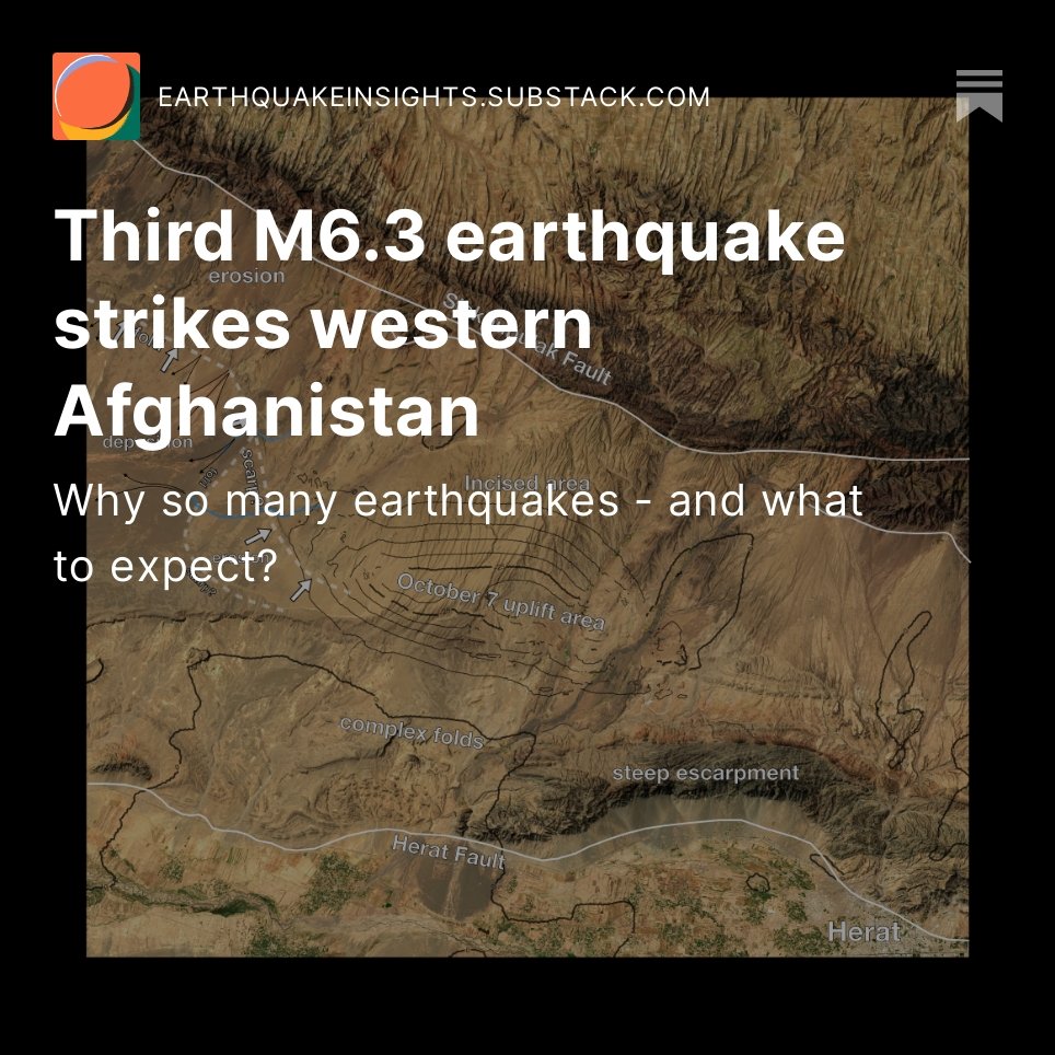 THREE M6.3 earthquakes in Afghanistan - why so many? What can we say about the earthquakes and the underlying faults? What can we expect next? 

Read our latest blog post for an assessment of what we know, and what we don't. Blog link is in my bio and in the image below.