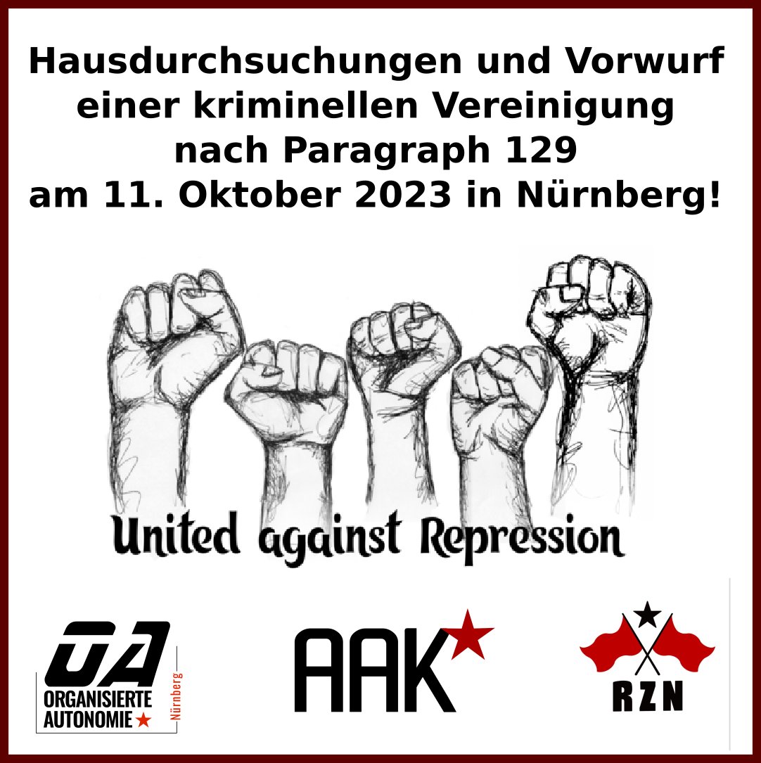 redsideNBG's tweet photo. Heute mehrere Hausdurchsuchungen in Nürnberg! Vorwurf einer kriminellen Vereinigung nach §129. In Bayern reicht es dafür bereits aus, wenn man linke Graffiti gemalt haben soll. https://t.co/RZOQOOuwym