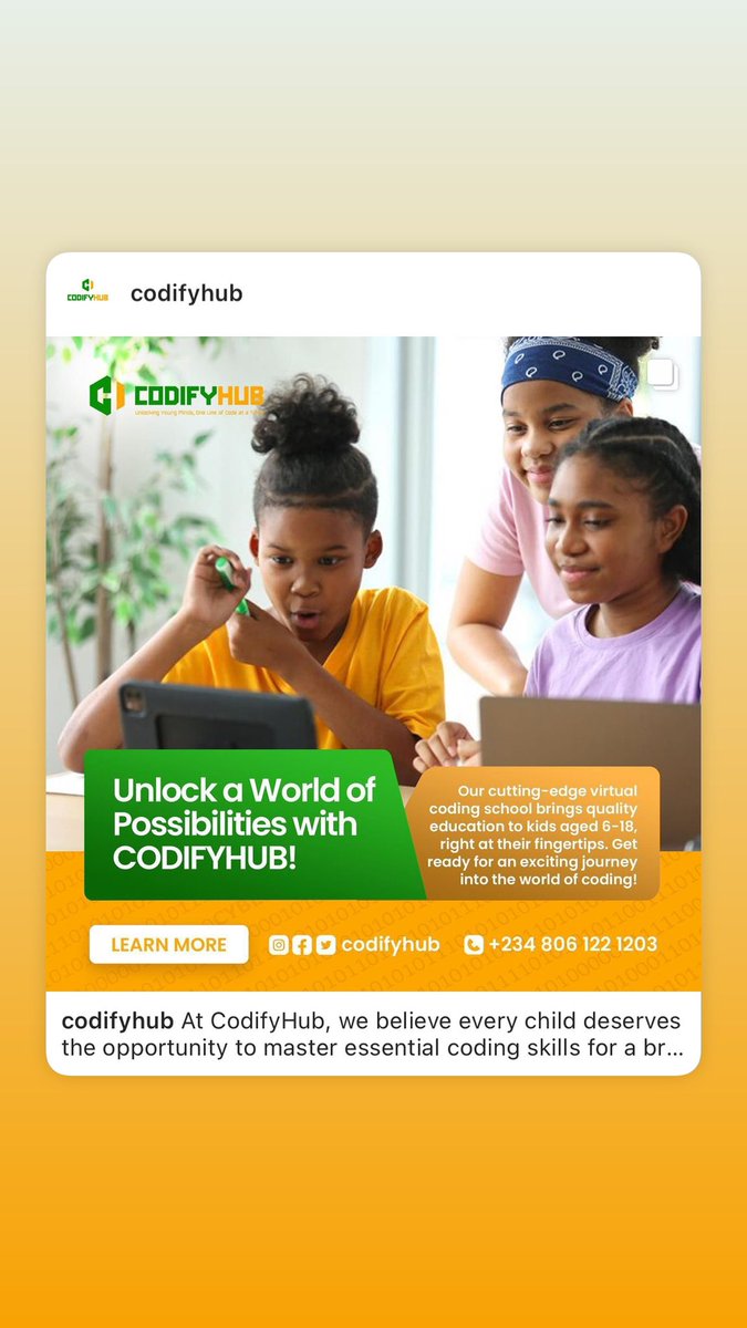 itz_cheddie's tweet image. At CodifyHub, we believe every child deserves the opportunity to master essential coding skills for a brighter, digital future. Our mission is to make quality coding education accessible and engaging, empowering young minds worldwide! 🚀💡

#codingclass #Abuja #codingforkids