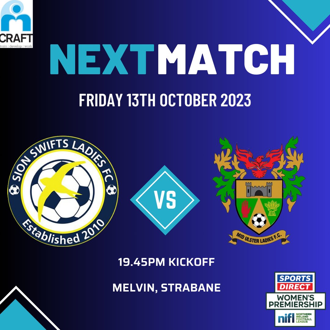𝙉𝙀𝙓𝙏 𝙂𝘼𝙈𝙀 ⚽🔵🟡 This Friday night will draw the curtain on our 2023 Premiership season as we host Mid Ulster Ladies FC to Melvin🤩 📆 Friday 13th October 🕗 7.45pm Kickoff 🏟️ Melvin, Strabane #cmonyuswifts 💙💛 #SportsDirectWomensPrem