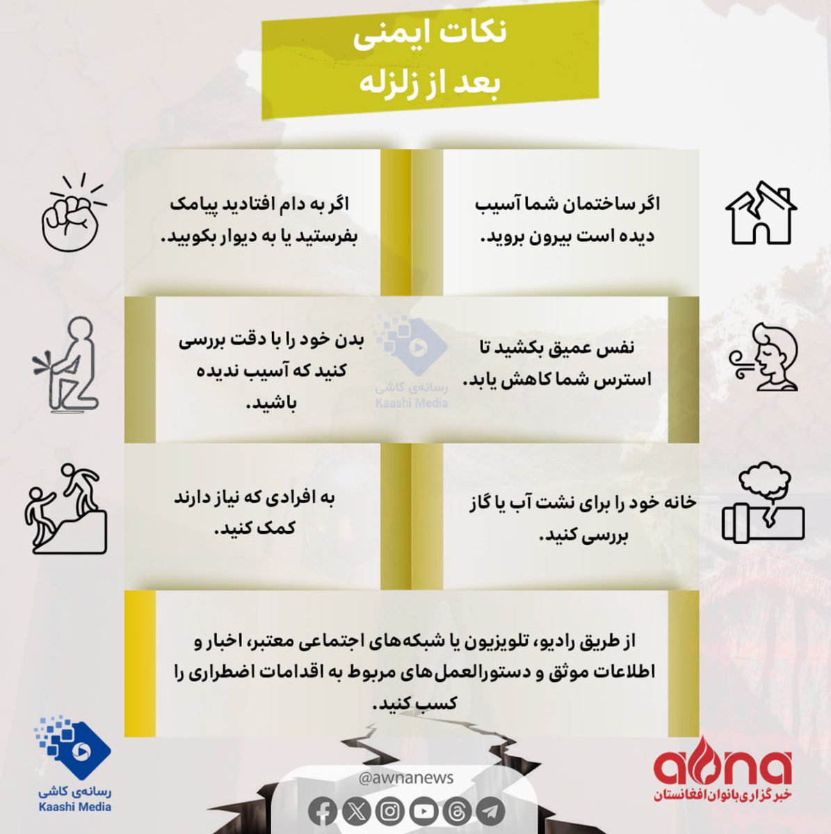 AWNANEWS's tweet photo. درباره‌‌ی نکات ایمنی بعد از زلزله، بیش‌تر بدانید!

 #خبرگزاری_بانوان_افغانستان | #زلزله_هرات 
#heratearthquak https://t.co/rL5eJ4Ibd9