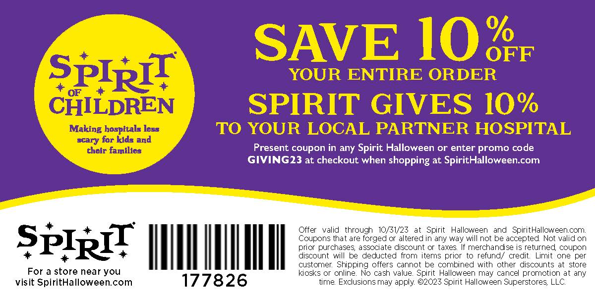 This month when you visit your local @SpiritHalloween you can support BC Children's Hospital. Use this exclusive coupon to enjoy 10% off your purchase and a 10% matching donation will be contributed on your behalf benefiting the BC kids. #BCCHF #SmallisMighty