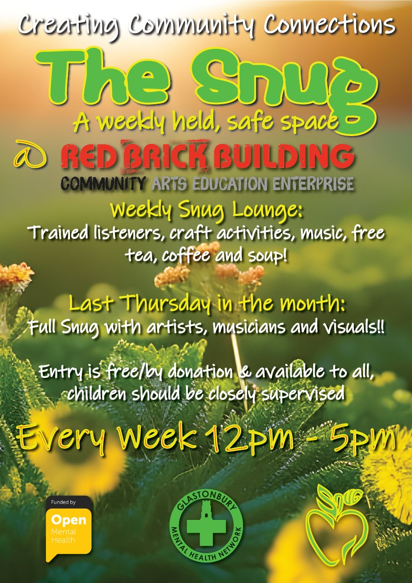 redbrickglaston's tweet image. The Snug Lounge is back on Thursday with @GlastoMenHealth enjoy some company, create with self guided craft, mend &amp;amp; sew with Fabric of Life,  try a puzzle, receive support from our trained listeners if you need it. 

FREE Entry. Free refreshments.  All Welcome ☕️