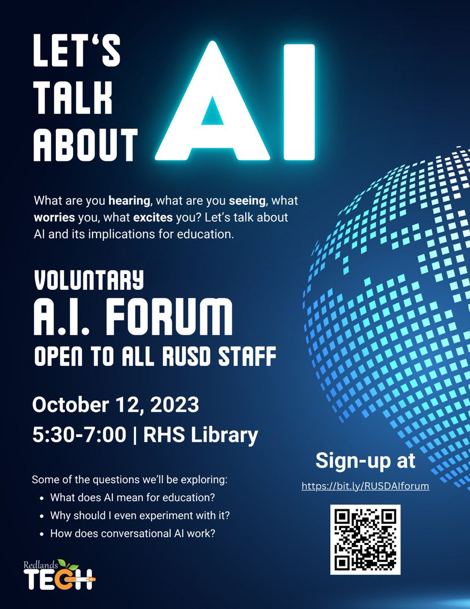📣<a href="/RedlandsUSD/">Redlands USD</a> staff! It's not too late to register for our AI Forum, going down TOMORROW evening. Join us for some great, thought-provoking conversations! #RedlandsINTech #ThisIsRUSD

bit.ly/RUSDAIforum