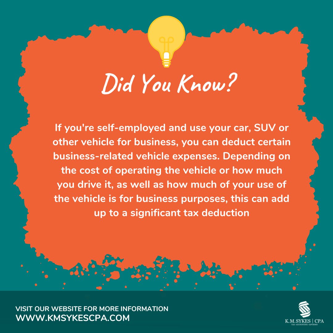 KMSYKESCPAPC's tweet photo. If you're self-employed and use your car, SUV, or other vehicle for business, you can deduct certain business-related vehicle expenses.

Visit https://t.co/UEtWlJuY79.

#CPA #accountingfirm #TaxServices #BlackCPA #AccountingServices #SmallBusinessOwners #blackexcellence https://t.co/vLiWmeJjBB