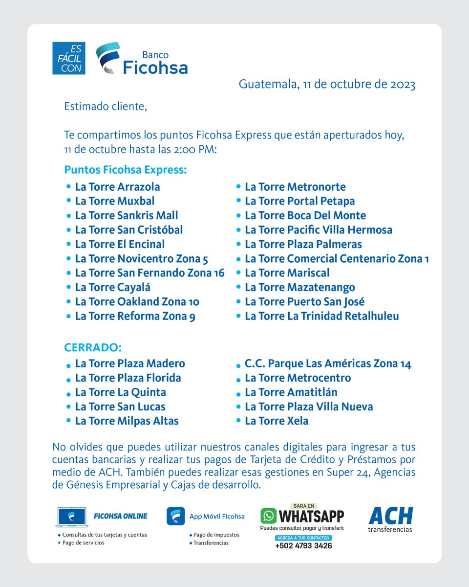 ¡Información importante! 🚨 

Damos a conocer nuestros puntos de atención, Agencias Ficohsa y Puntos Ficohsa Express que te atenderán hasta las 2:00 PM de hoy, 11 de octubre.

#FicohsaGT #BancoFicohsa