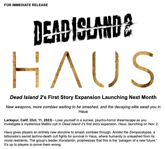 DEAD ISLAND 2 FIRST STORY EXPANSION HAUS COMING 2 NOVEMBER