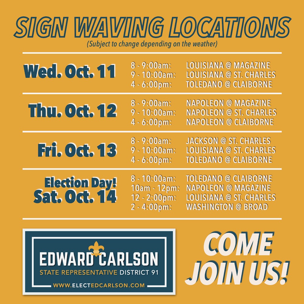 electedcarlson's tweet photo. WE ARE CLOSE: LET’S CROSS THE FINISH LINE TOGETHER! Sign up now to volunteer, or just show up if you wanna! These last few days are so important. #nola #lalege #lagov https://t.co/7JNjzoVFvL