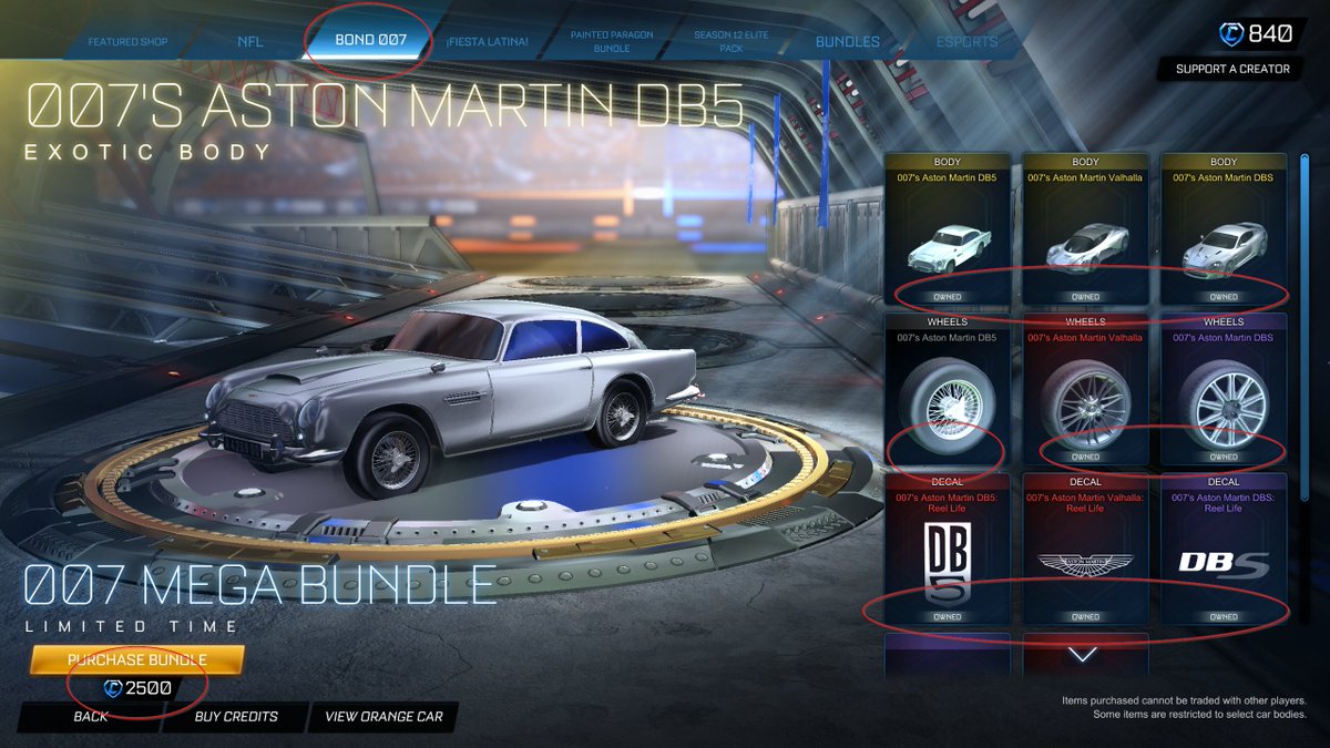 RadioBrando_RL's tweet photo. @PsyonixStudios @RocketLeague @RL_Support Make it make sense... I own all items in "077 Mega Bundle" [sans]  the "007's Aston Martin DB5" wheels. However, 2 buy these, it will STILL cost me 1100 Creds under the "DB5" pack or 2500 under the "Mega" pack. No discount 4 items owned?! https://t.co/v4myr7S5R8