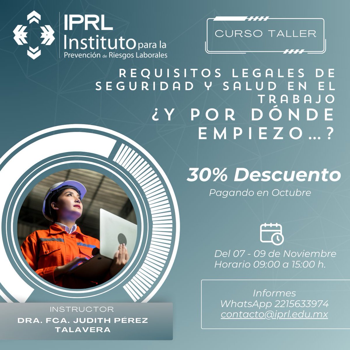 IPRL_PUEBLA's tweet photo. Curso Taller Requisitos Legales de SST ¿Y por dónde empiezo?
APROVECHA NUESTRO DESCUENTO DEL 30% pagando en Octubre
Fecha del 07-09 de Noviembre
Visita: https://t.co/LNCCEehKRk
#curso #iprl #seguridadehigiene #sst #seguridadlaboral #prl #Prevención #puebla #cursopresencial https://t.co/Upsdzrtuuf