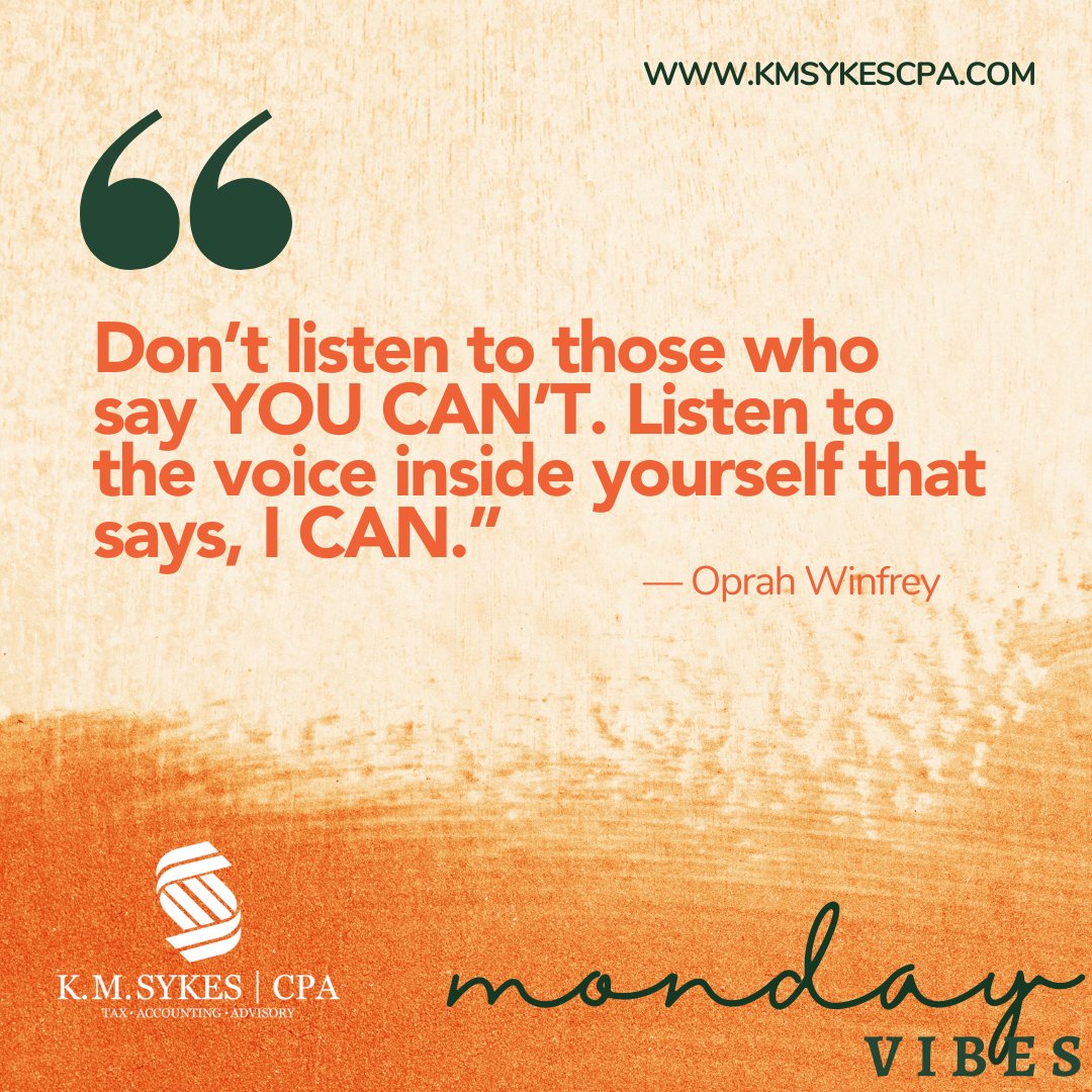 KMSYKESCPAPC's tweet photo. Believe in yourself and strive to achieve your goals no matter what obstacles come your way. Remember, anything is possible with determination and dedication!

Visit https://t.co/RdDntS3rPR. 

#CPA #accountingfirm #TaxServices #BlackCPA #AccountingServices #SmallBusinessOwners https://t.co/hzUiZ3J6OH